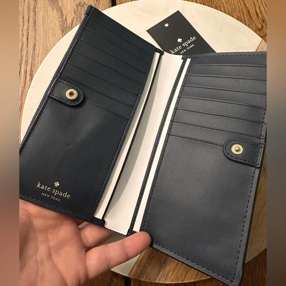 NWT! NEW! Kate Spade Signature Spade Flower Jacquard Long Slim Wallet Women Navy - Picture 5 of 6